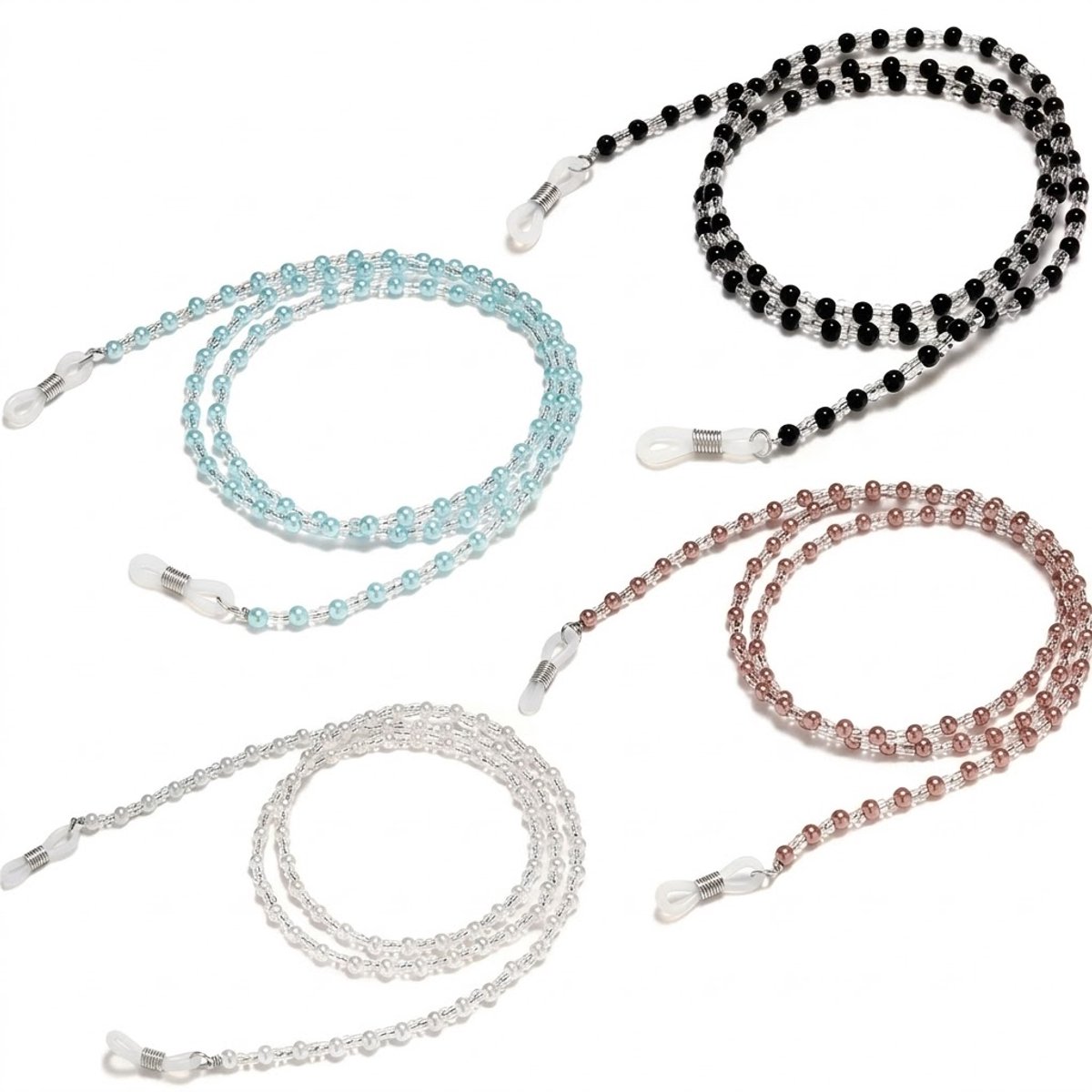 Zwart, lichtblauw, transparant en roségoudkleurig kralen brillenkoord set van 4 stuks – brillenkoord dames – dubbele kralenketting met antislip siliconen uiteinden
