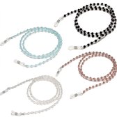 Set van 4 brillenkoorden: zwart, lichtblauw, transparant en roségoudkleurig, met parels en siliconen uiteinden.
