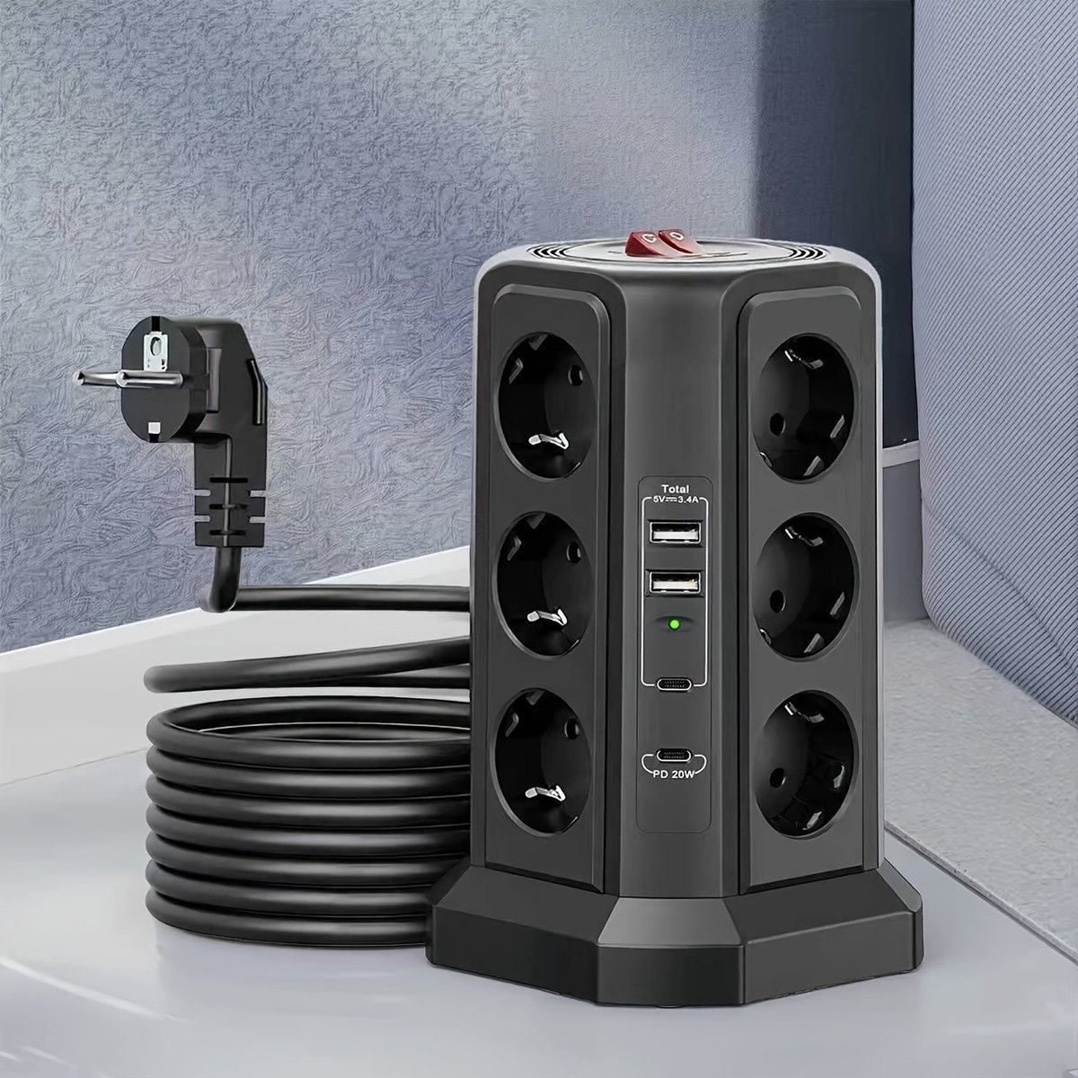 Stekkerdoos Toren 16-voudig – 16 Stopcontacten + USB-A & USB-C – Overspanningsbeveiliging – Met Schakelaar & 1,8m Kabel – Verticale Verlengdoos
