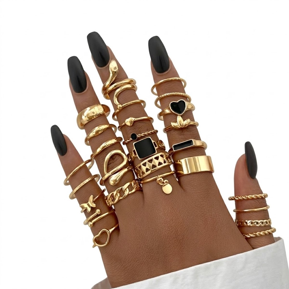 Goudkleurige ringen set dames met zwart accent en slang schakel design 27 stuks minimalistische stackable en joint ringen