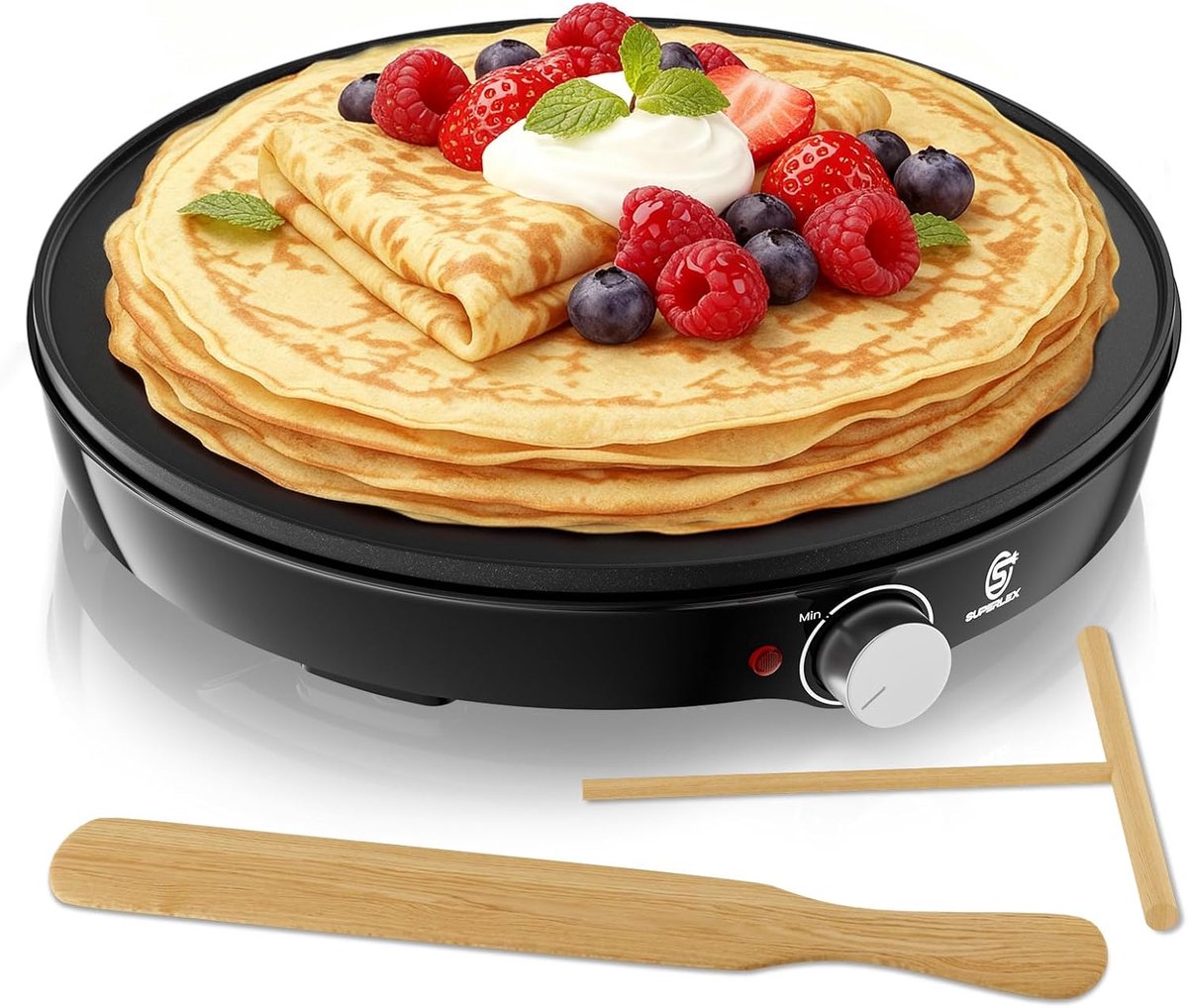 Elektrische Pannenkoekenmaker - Crêpe Apparaat - Ontbijt Maken - Temperatuurregeling LED - Ø 30 cm - Zwart
