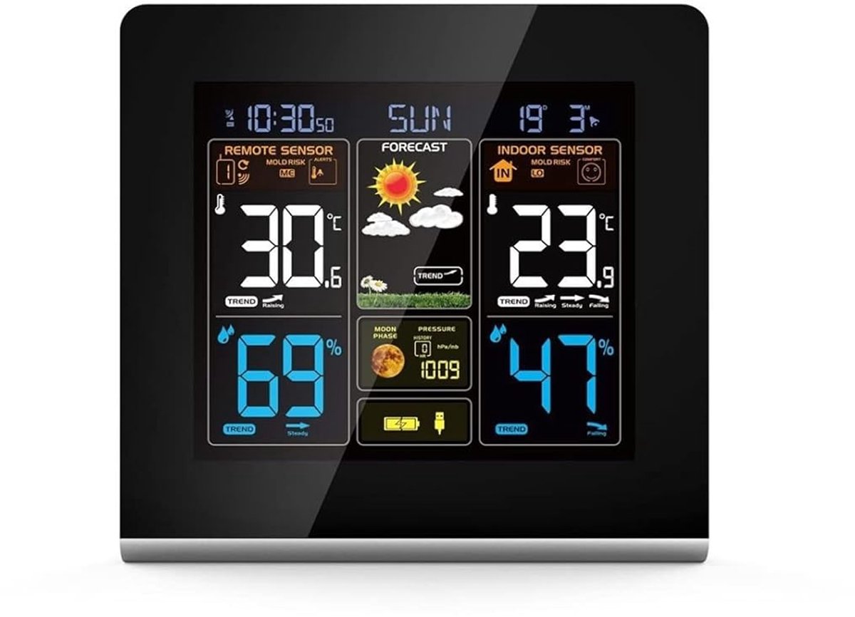 Weerstation Kleurenscherm - Digitale Monitor - Binnen Buiten - Draadloze Zender - Temperatuur Luchtvochtigheid - Wit