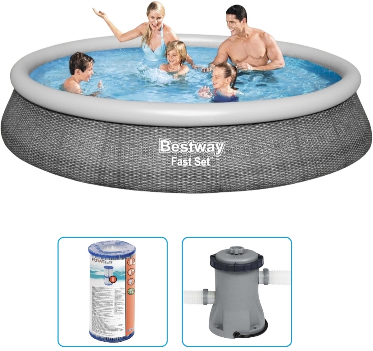 Bestway Fast Set Opblaasbaar zwembad - 396x84 cm - Rattanprint - Rond - Met filterpomp - Zwembad Filterpomp - Zwembad Filter - Zwembad Waterkwaliteit - Zwembad Schoonheid - Zwembad Filterpomp 2006 L/h