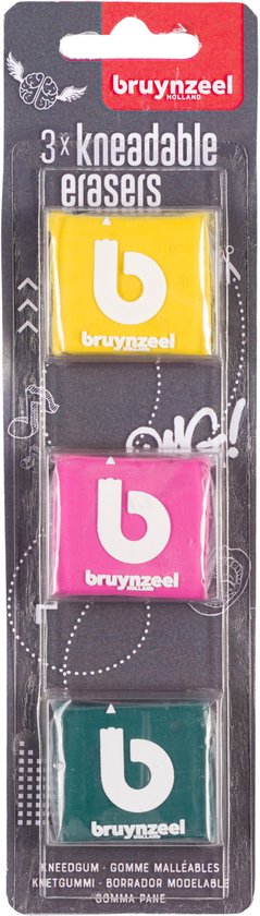 Emballage de trois gommes malléables jaunes, roses et vertes, chacune avec le logo blanc Bruynzeel.