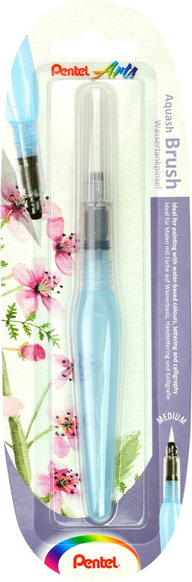Pentel Aquash Brush verpakking, blauwe kwast. De verpakking is versierd met bloeiende takken en tekst.