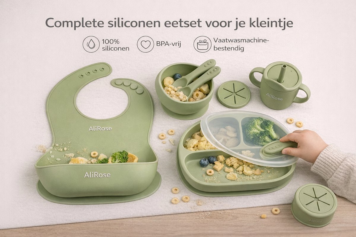 AliRose - Luxe Siliconen Servies - Set voor Baby's - Gender Neutrale Kleur - Inclusief Baby Bestek - onbreekbaar - BPA Vrij - Inclusief Anti-Slip Bord, Kom, Slab, Beker en Bestek - Geschikt voor Vriezer, Magnetron en Vaatwasser - Mint
