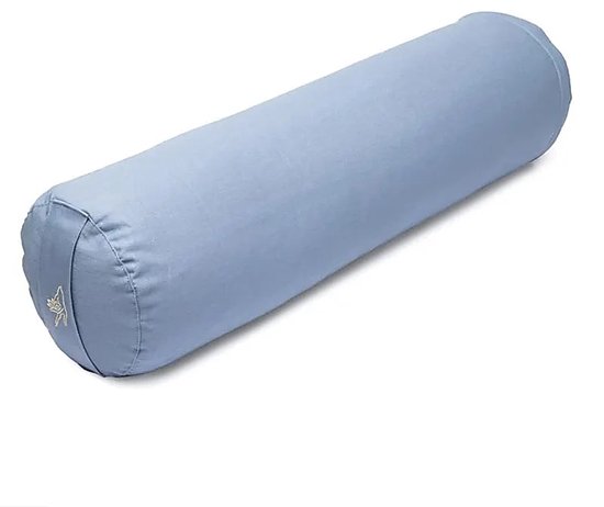Coussin de yoga bleu clair, cylindrique, avec un lotus brodé sur le côté.