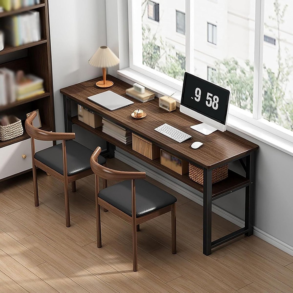 Computer Bureaublad - Werktafel Hout - Thuiswerken Studeren - Met Opbergrek - 140x40cm - Eiken