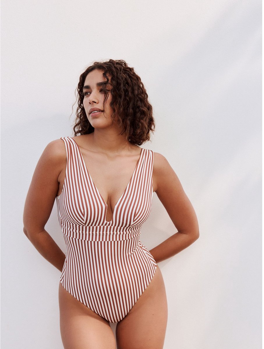 Next Dames - Buikcorrigerend badpak met lage hals - Geel Rose/White Stripe
