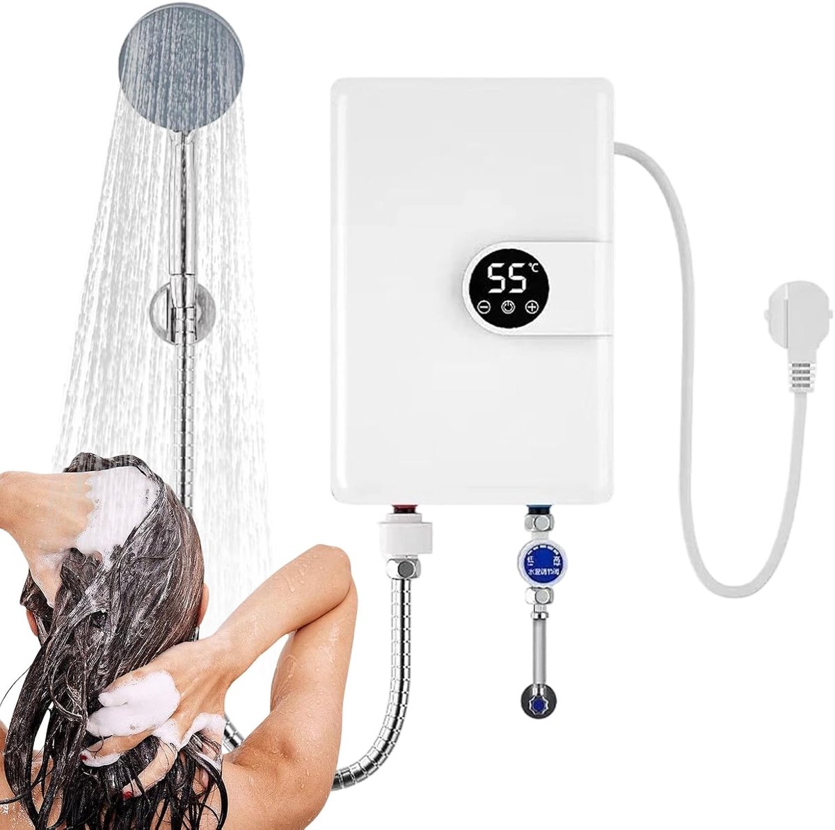 Doorstroomverwarmer Elektrisch - Warmwaterboiler Compact - Direct Warm Water - Digitaal Display Instelbaar - 26x5.5x19cm - Wit