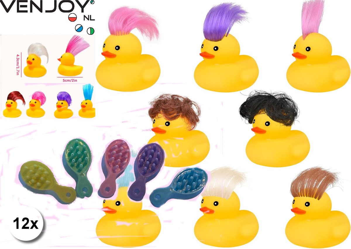 12 stuks BADEEND met punk gekleurde haartjes en Borstel per stuk verpakt in een plastic zakje - Venjoy
