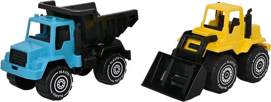 Blauwe kiepwagen met zwarte laadbak naast gele bulldozer met grijper. Beide speelgoedvoertuigen hebben grote zwarte wielen.
