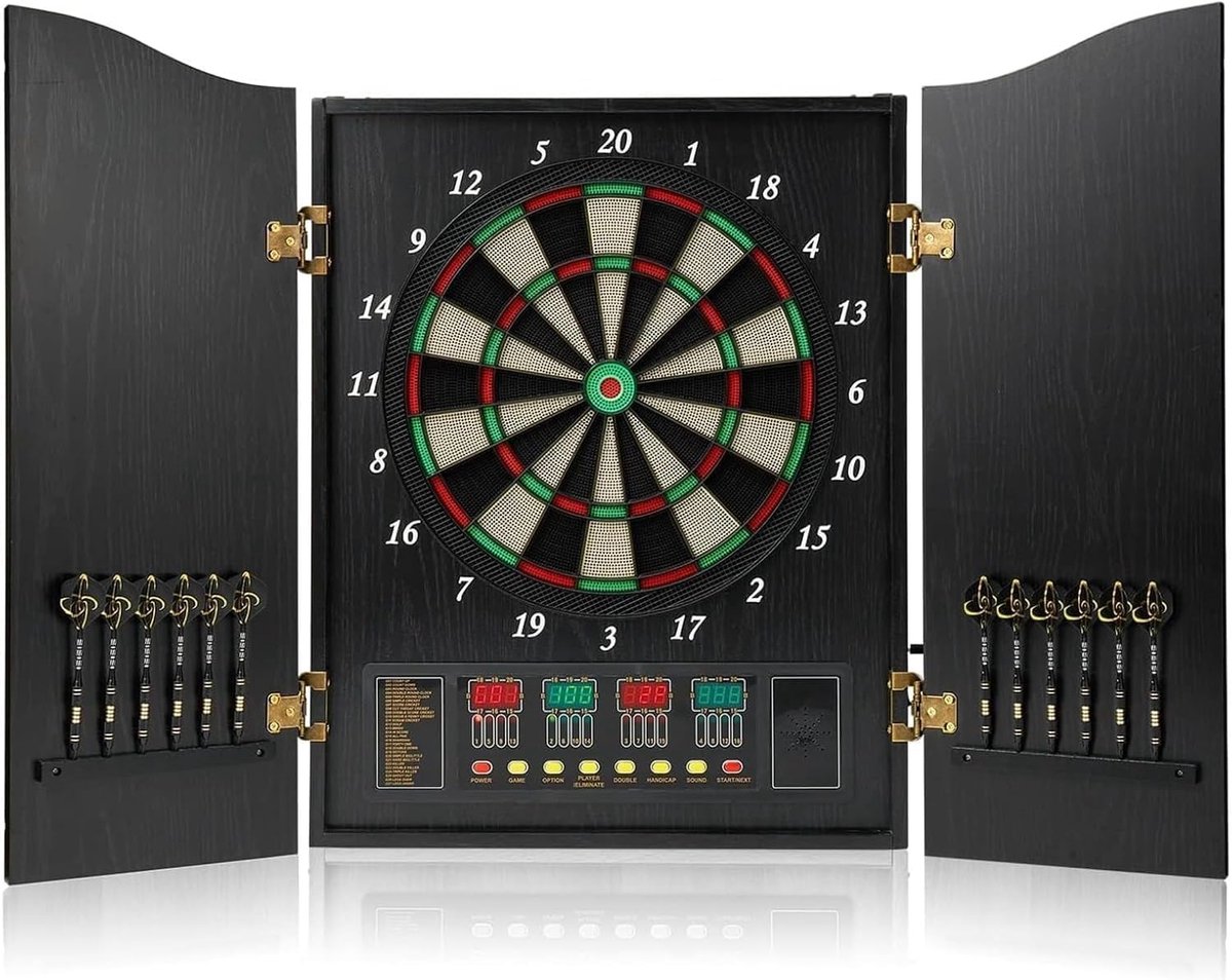 Elektrisch Dartbord - Dartspel met Kast - Automatische Score - 27 Spelvariaties - 52.5 x 69 x 8 cm - Zwart