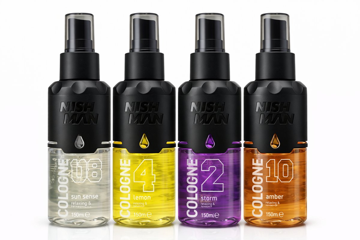 NISHMAN Cologne Set 150 ml – 08 Sun Sense, 04 Lemon, 02 Storm, 10 Amber – Professionele Barber Cologne Set