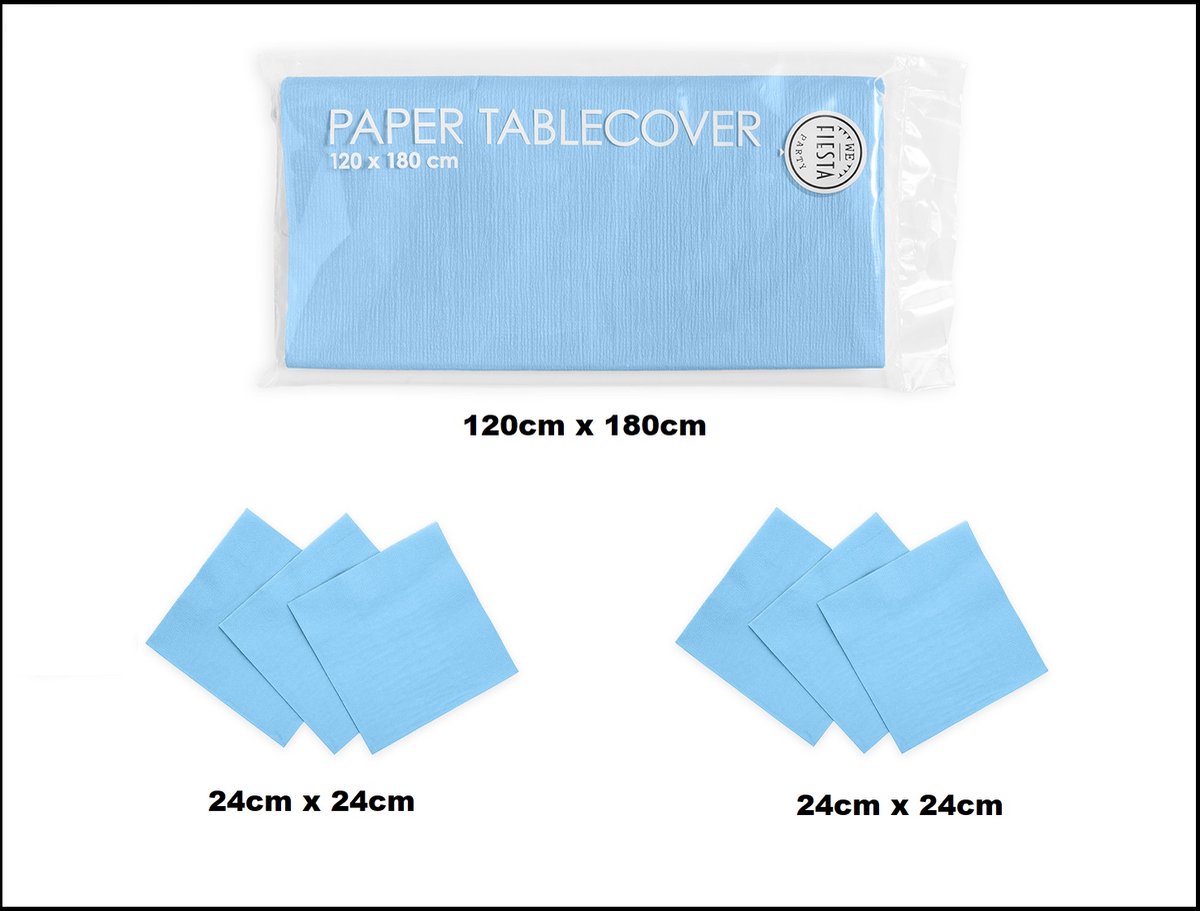 1x Tafelkleed papier licht blauw 120cm x 180cm + 40x Cocktail servetten licht blauw 24cm x 24cm 3 laags