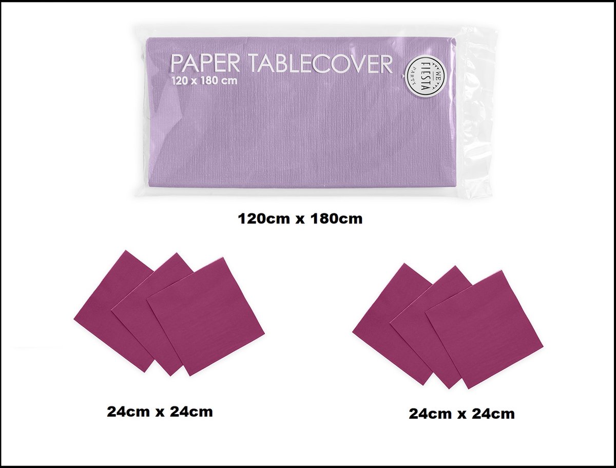 1x Tafelkleed papier lila 120cm x 180cm + 40x Cocktail servetten paars 24cm x 24cm 3 laags
