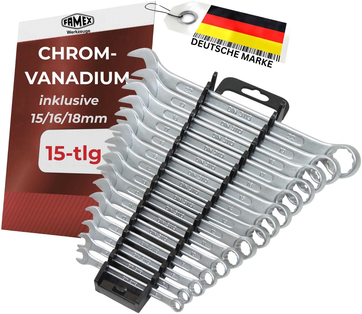 FAMEX 10349-15 Set van 15 combinatiesleutels in chroom vanadium staal - combinatiesleutelset