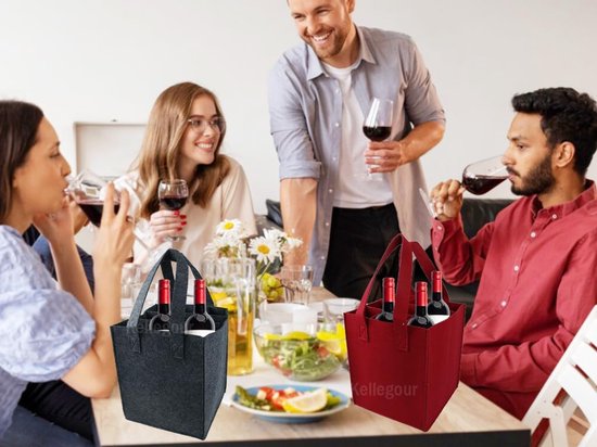 Flessenzakken Vilten - Flessendrager Herbruikbaar - Feest en Reis - Afneembare Scheidingswand - 9 Flessen Capaciteit - Rood Grijs — afbeelding 3