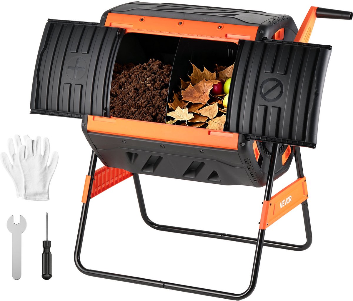 VEVOR Composttrommel 200 L, Draaiende Composteerbak voor Buiten met 2 Schuifdeuren, Ventilatiesysteem en Dubbele Compostkamers, Compostbak Gemaakt van Pp & Koolstofstaal voor Tuin-, Keuken- en Erfafval