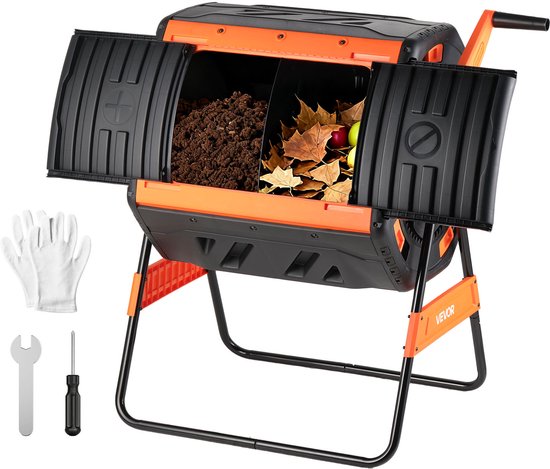 Zwarte en oranje VEVOR composttrommel met twee open deuren, gevuld met compost en herfstbladeren. Inclusief een witte handschoen, moersleutel en schroevendraaier.