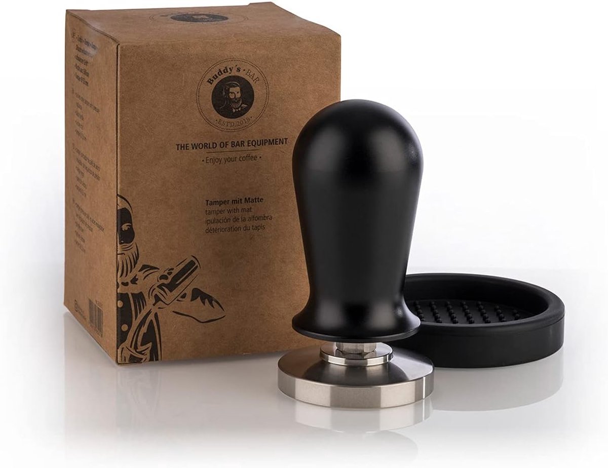 Koffie Tamper - Espresso Verdichter - Barista Kwaliteit - Met Siliconenmat - 51 mm Basis 10 cm - Zwart