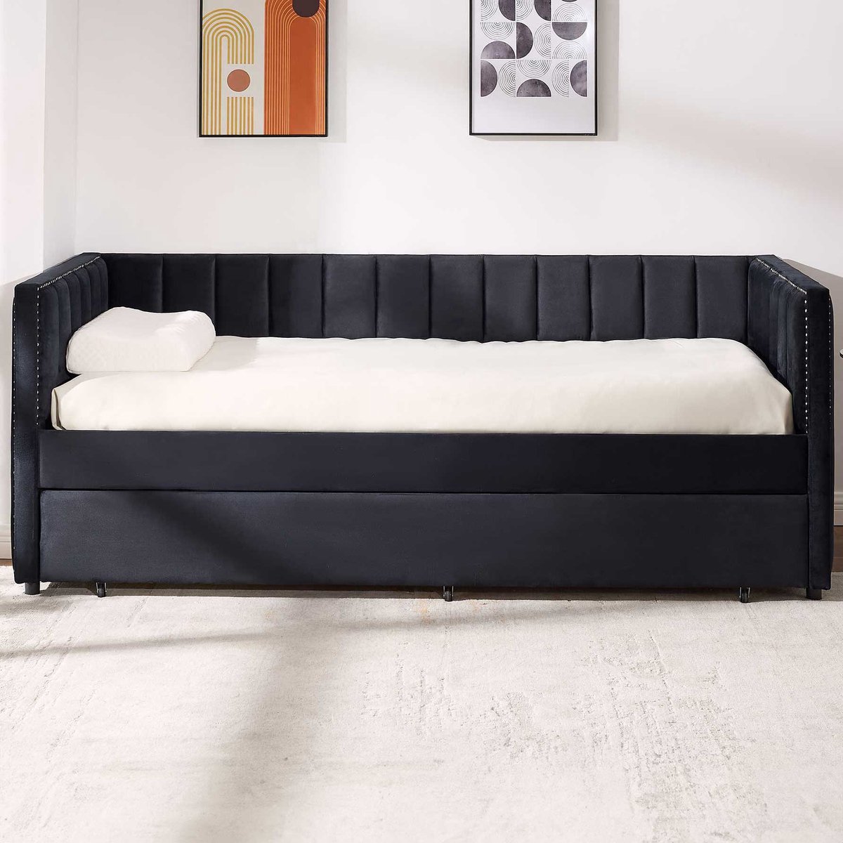 Kajuitbed Auckland - 90 X 200 Cm - Met Onderschuifbed - Zwart Velours - Emob Exclusive - Eenpersoons Gestoffeerd Bed - Zwart - Velours; MDF Eenpersoons Normaal Bed