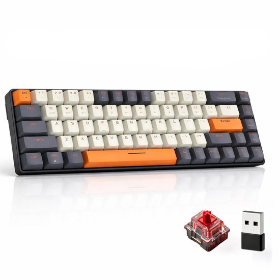 60% mechanisch toetsenbord in donkergrijs met oranje, witte en grijze toetsen. Inclusief rode schakelaar en USB-ontvanger.