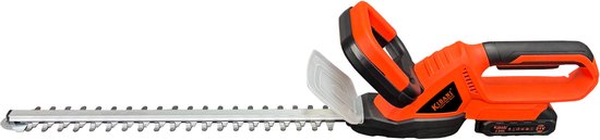 Oranje en zwarte elektrische heggenschaar met een 51 cm zwaardlengte en een 21V accu.