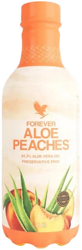 Fles Forever Aloe Peaches met perzikken en aloë vera. 84,3% aloë vera gel, conserveringsmiddelvrij. 1L.