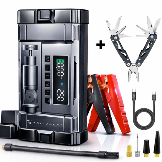 RAWVOLT® IGNITOR Pro L05 - Nieuw - 4-in-1 Jumpstarter 2500A/5000A met Compressor, PD45W Snelladen Powerbank (14000mAh), LED Zaklamp met SOS/Strobe, Smart Klemmen - incl. 11-in-1 Multifunction Tool - 2026 Bandenpomp en Jumpstarter - voor Auto en Motor