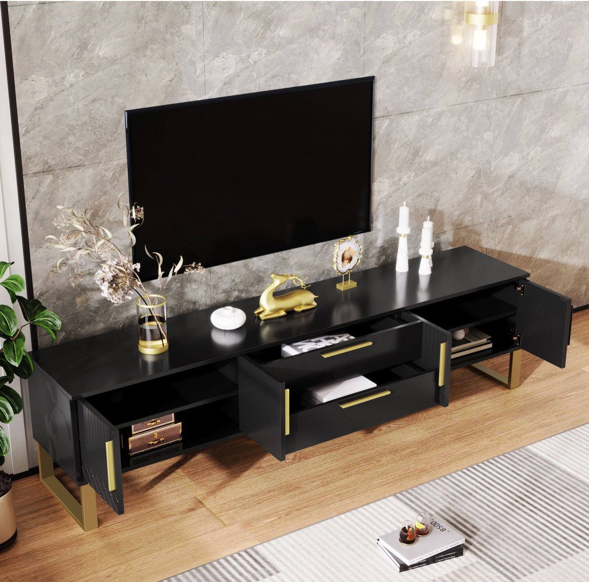 MODENUIT Tv-meubel - Hoogglans Met 4 Deuren En Kabelopeningen - Voor Woonkamer - Mdf Zwart En Goud - 170x40x53,5 Cm