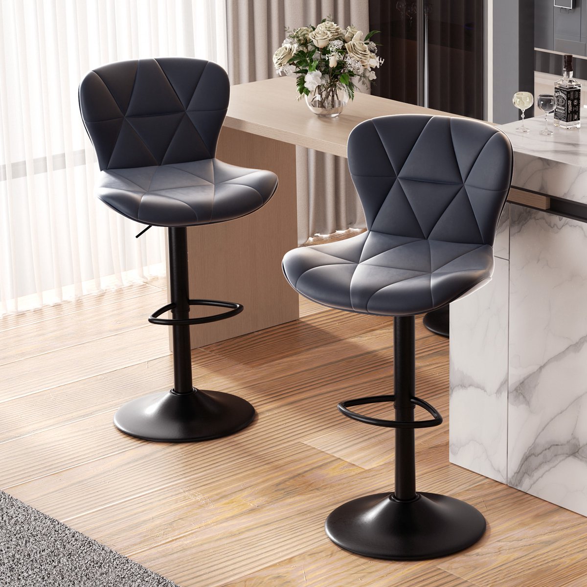Hawthyhome Moderne in hoogte verstelbare barkruk - Omeg Serie- 360° draaibaar - Ergonomisch ontwerp - Zwart metalen voet-Set van 2-Donkergrijs