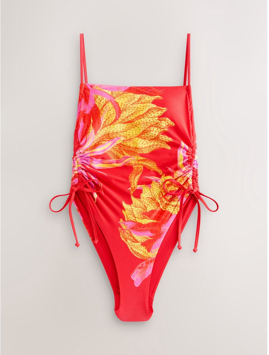 Next Dames - Buikcorrigerend badpak met ruches en vierkante hals - Rood Kew Gardens Tropical Print
