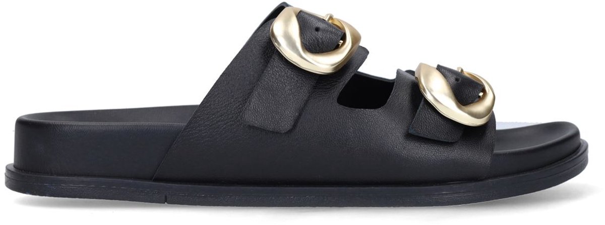 Manfield - Dames - Zwarte leren sandalen met gesp - Maat 41