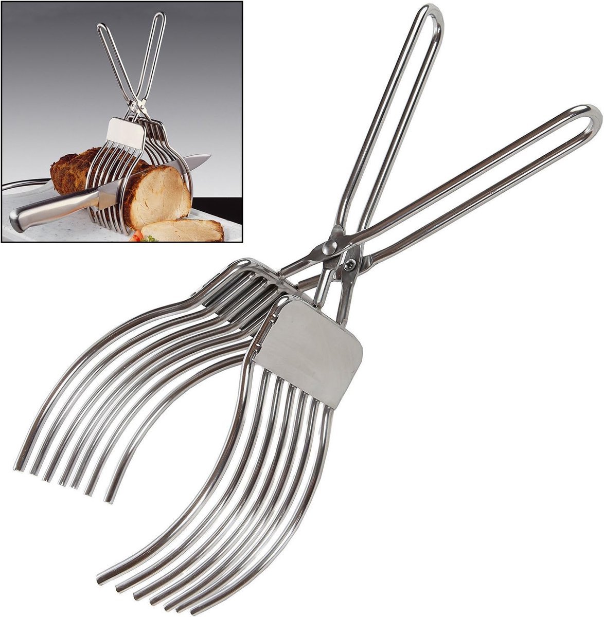 Snijtang van roestvrij staal - Vleestang - Gebruiksvriendelijk - Voedselscheider - Broodtang - Multifunctionele draagbare grilltang - Keukengerei - Zilver - Set van 2