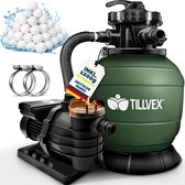 tillvex Zandfiltersysteem 13.200L/h tot 40.000L + 1200g Filterkogels | Zandfilterinstallatie 7-weg ventiel & Adapter Ø32-38mm | Zwembadfilter met drukweergave | Zandfilter zwembad (Groen)