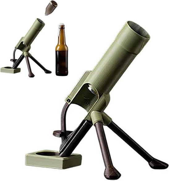 Legergroene flesopener, mortier design, met een kleinere afbeelding van dezelfde opener, lanceert een kroonkurk.