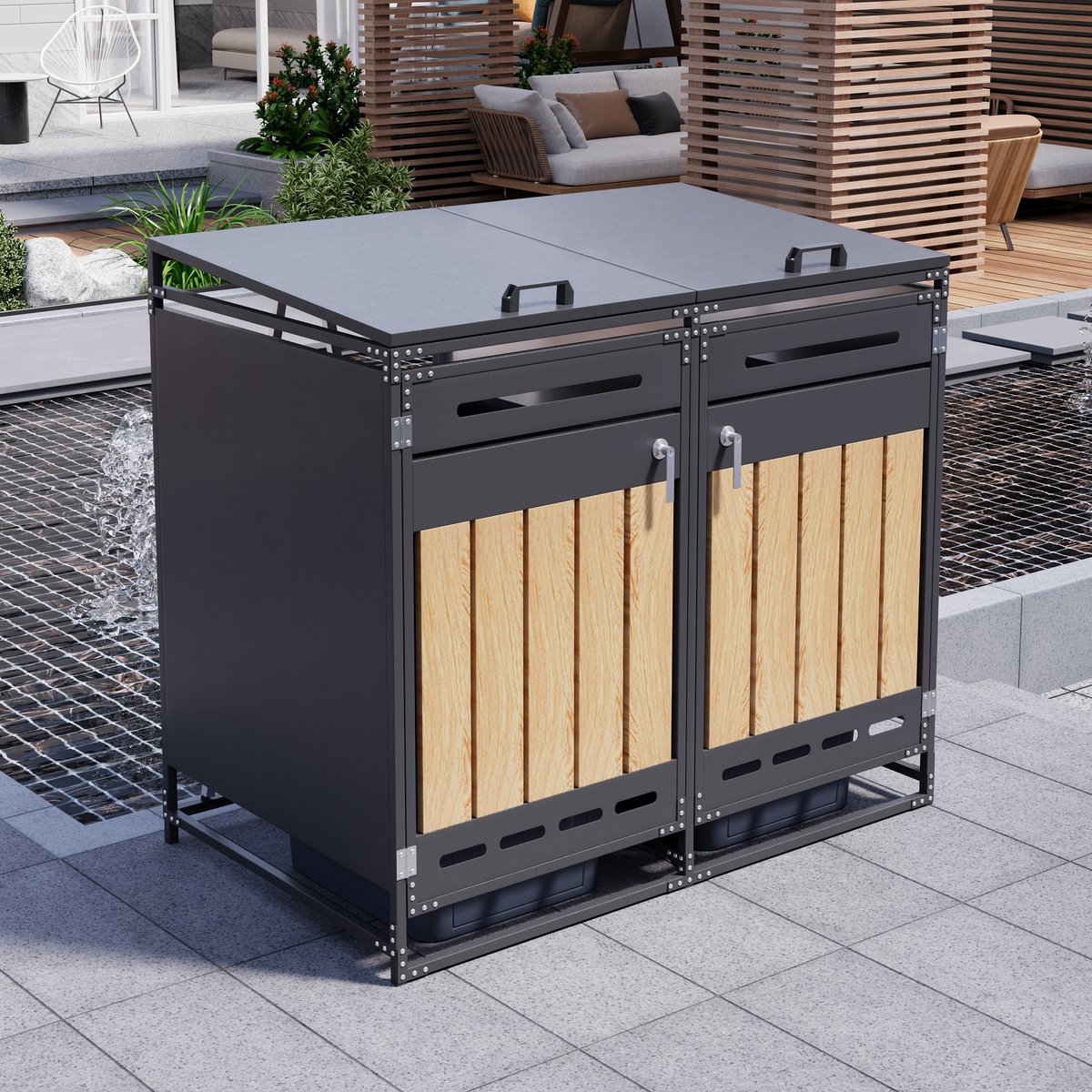 OKWISH Afvalbakombouw – Hydraulisch Deksel – 2 Vakken – IJzer – Zwart – Voor Tuin En Terras – Met Slot