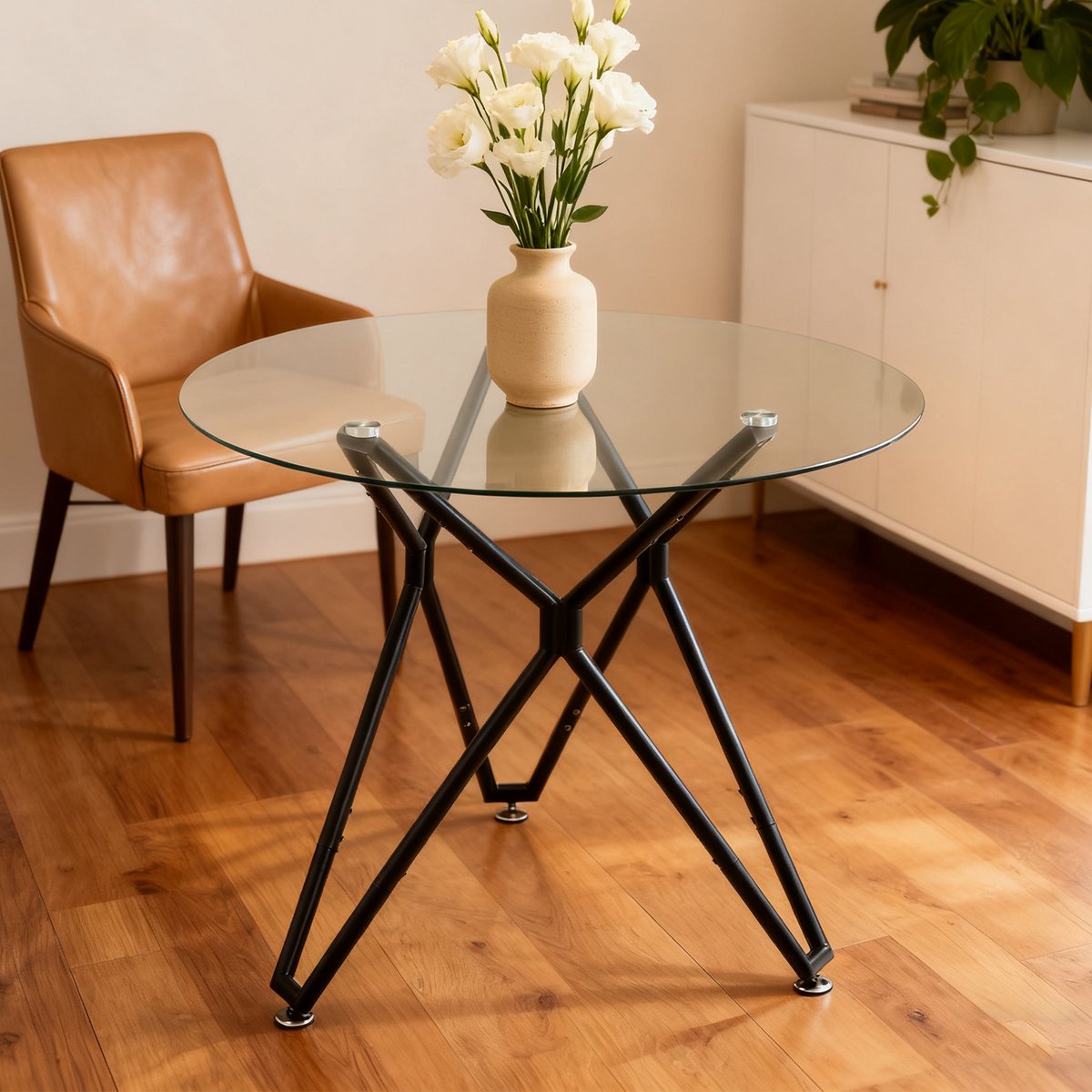 Wishdor Ronde eettafel - Gehard glas - Metalen poten - Modern minimalistisch - Woonkamer eetkamer kleine keuken kantoor - Zwart - Ø 90 cm