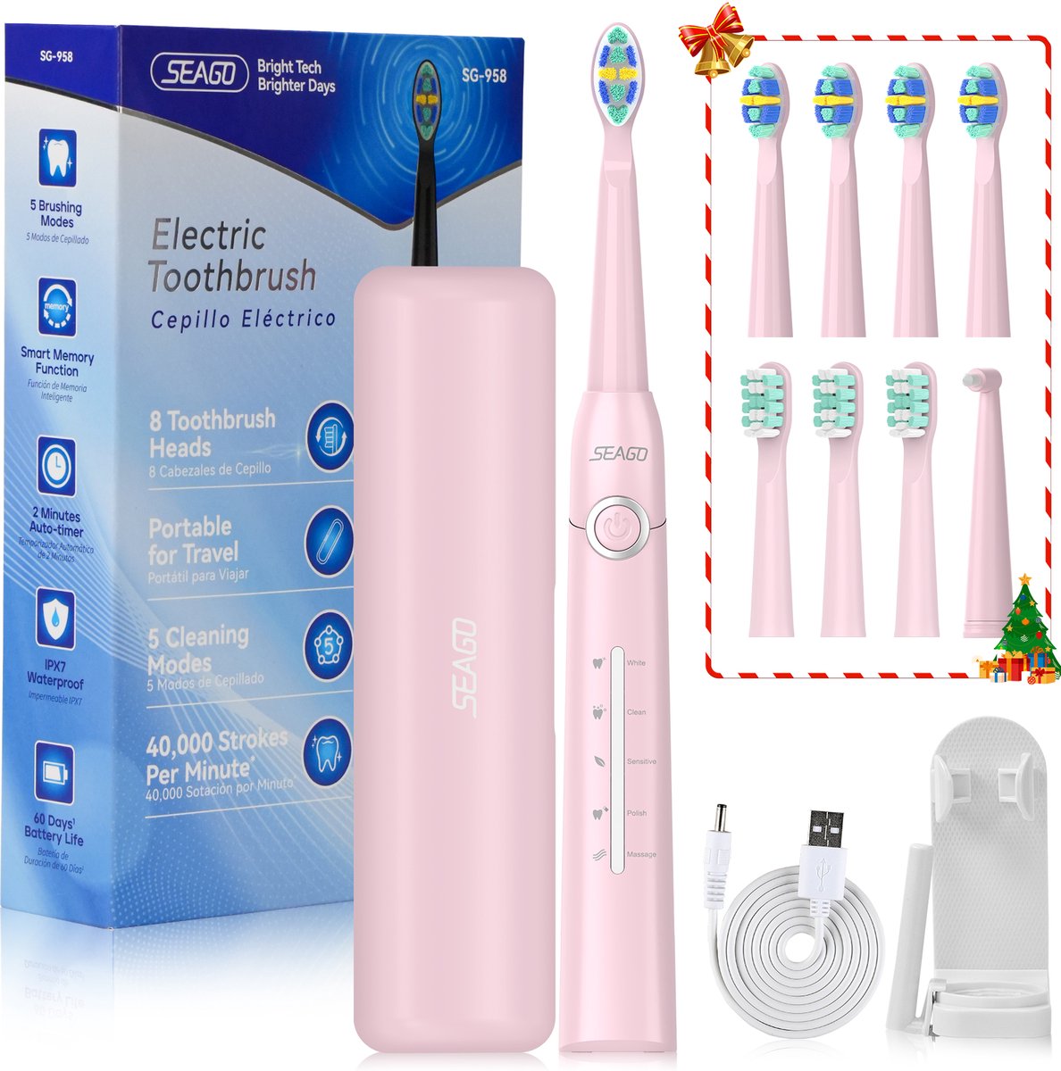 SEAGO Elektrische Tandenborstel - Roze - Reisetui - Wittere tanden - 8 Opzet-borstels -5 poetsmodi-Timer
