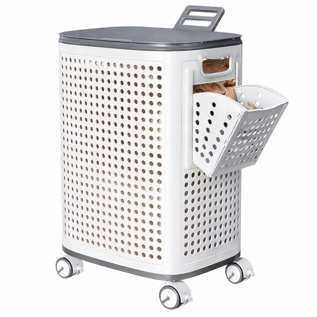 Opvouwbare Wasmand met Deksel en Wieltjes – Grote 45L Wasbox met Handige Trolley, Ventilatie en Zijvak – Ruimtebesparend & Multifunctioneel