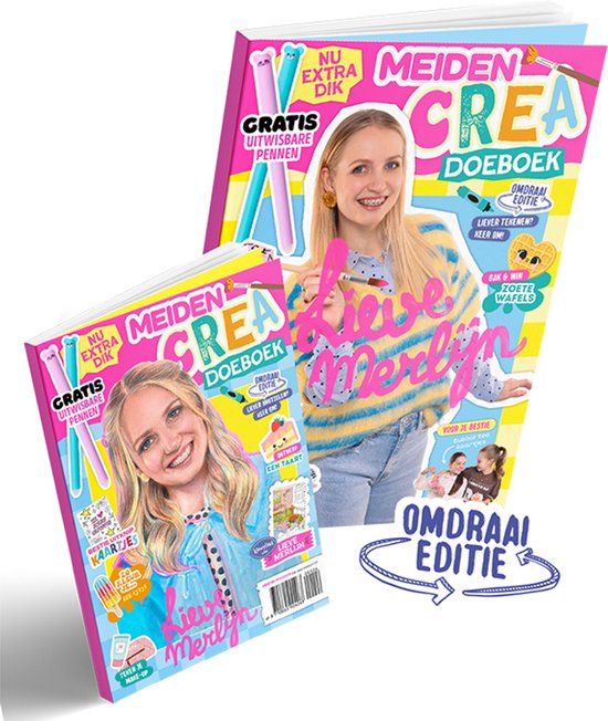 Twee tijdschriften van "Meiden Crea Doeboek", met Lieve Merlijn op de voorkant. Eén tijdschrift groter, ander kleiner, met cirkel "Omdraai Editie".