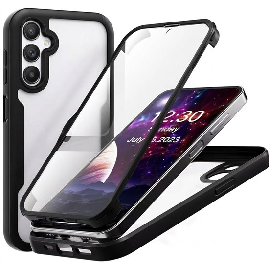 Uit elkaar gehaald transparant telefoonhoesje met zwarte bumper, dat de telefoon en de ingebouwde screenprotector toont.
