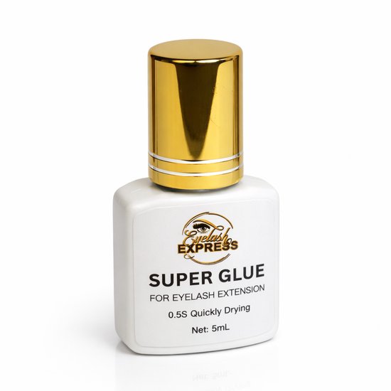 Witte fles met gouden dop, met "Eyelash Express SUPER GLUE FOR EYELASH EXTENSION 0.5S Quickly Drying Net: 5mL" erop.