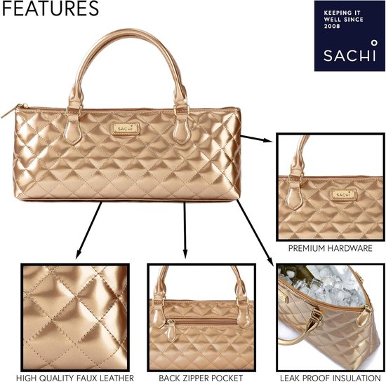 Geïsoleerde Wijntas - Koeltas Clutch - Flessen Vervoeren - Luxe Kunstleer - 14 x 4 x 6 Inch - Goud Gewatteerd — afbeelding 2
