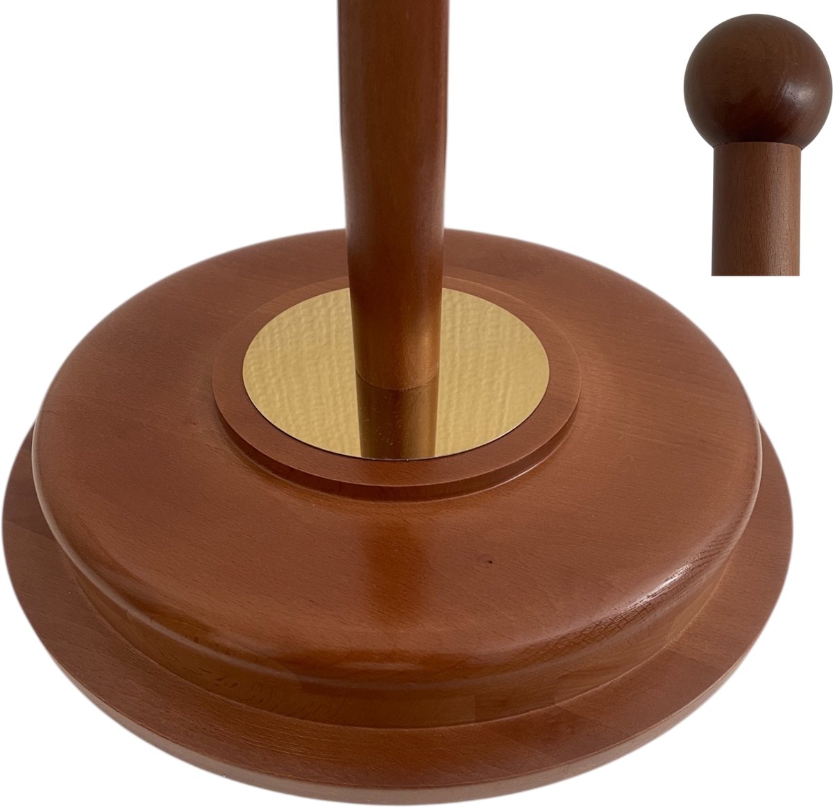 Houten Vlaggenstandaard met Voet en Mast – Beukenhout Gelakt – Ø350 mm Zware Voet 4 kg – Goudkleurige Details – Indoor