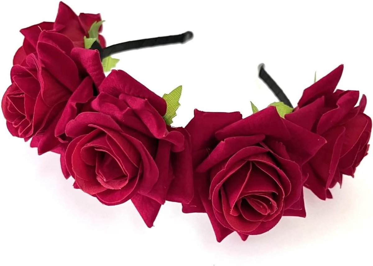Bloemen Hoofdband - Bloemenkrans Decoratie - Feestelijke Gelegenheden - Realistische Stofbloemen - 13 x 15 x 4 cm - Rood Roze