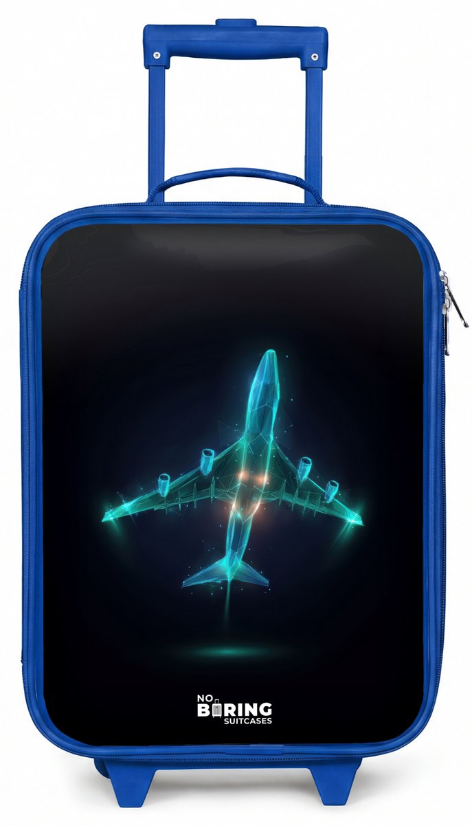 NoBoringSuitcases.com® - Kinderkoffer blauw - Kindertrolley jongen - Lichtgevend vliegtuig - Koffer kind lichtgewicht - Reiskoffer trolley voor kinderen - Koffertje met lichtgevende wieltjes - Rolkoffer