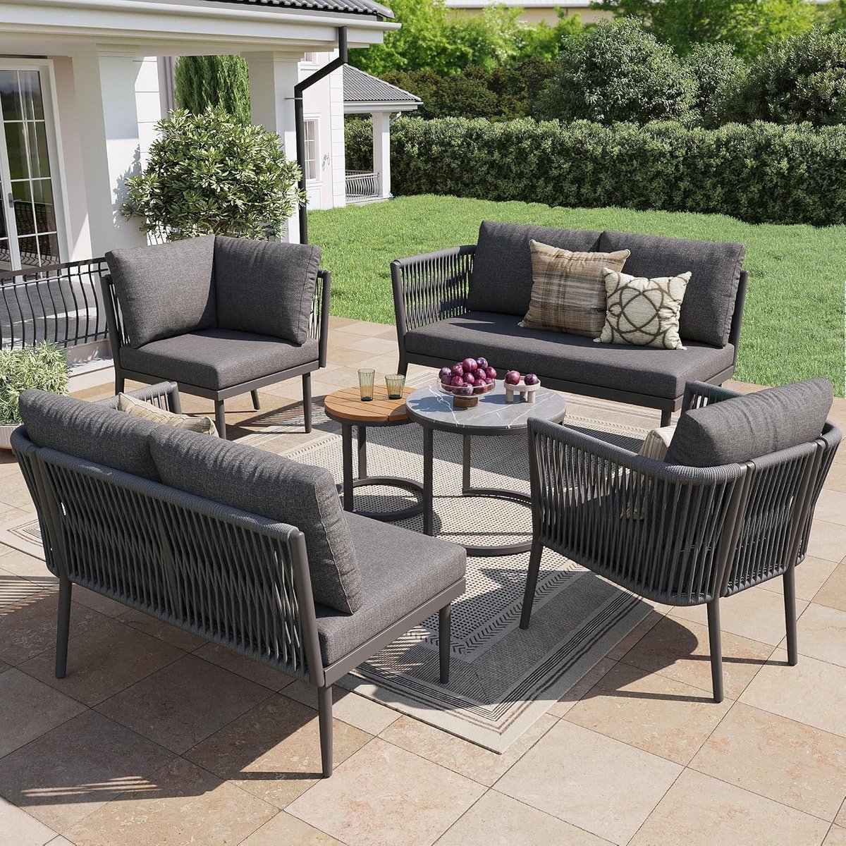 Modulaire Tuin Loungeset 5-Delig 114,5x61x67 cm Hoekbank + Fauteuil + 2 Tafels – Weerbestendige Outdoor Loungeset met 8 cm Kussens, Verstelbare Poten & Flexibele Opstelling – Grijs – Laura