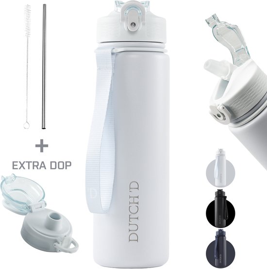Dutch'D ® - RVS Thermofles - Drinkfles - 800ML - Waterfles met rietje - Thermosfles - Dubbelwandige isolatie - Thermoflessen - Extra Dop - RVS drinkfles - thermosbeker - Waterfles volwassenen - Lekvrij - Ice Wit